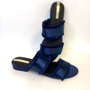 Kenneth Cole Navy Satin Triple-Strap Fringe Slide Sandals